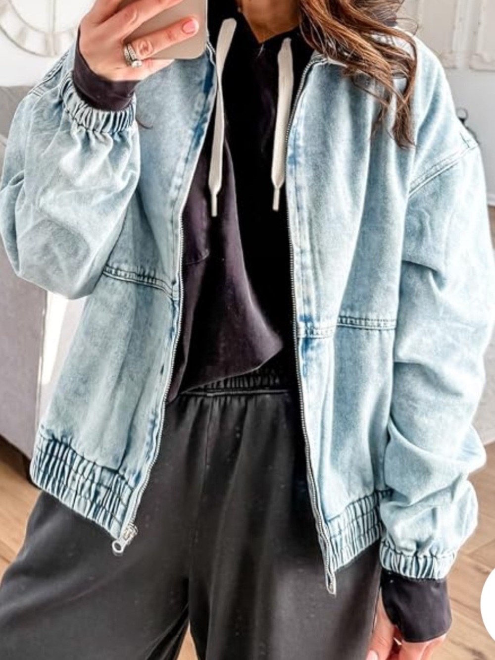 Light Blue Washed Denim Bomber Jacket - Women🌻